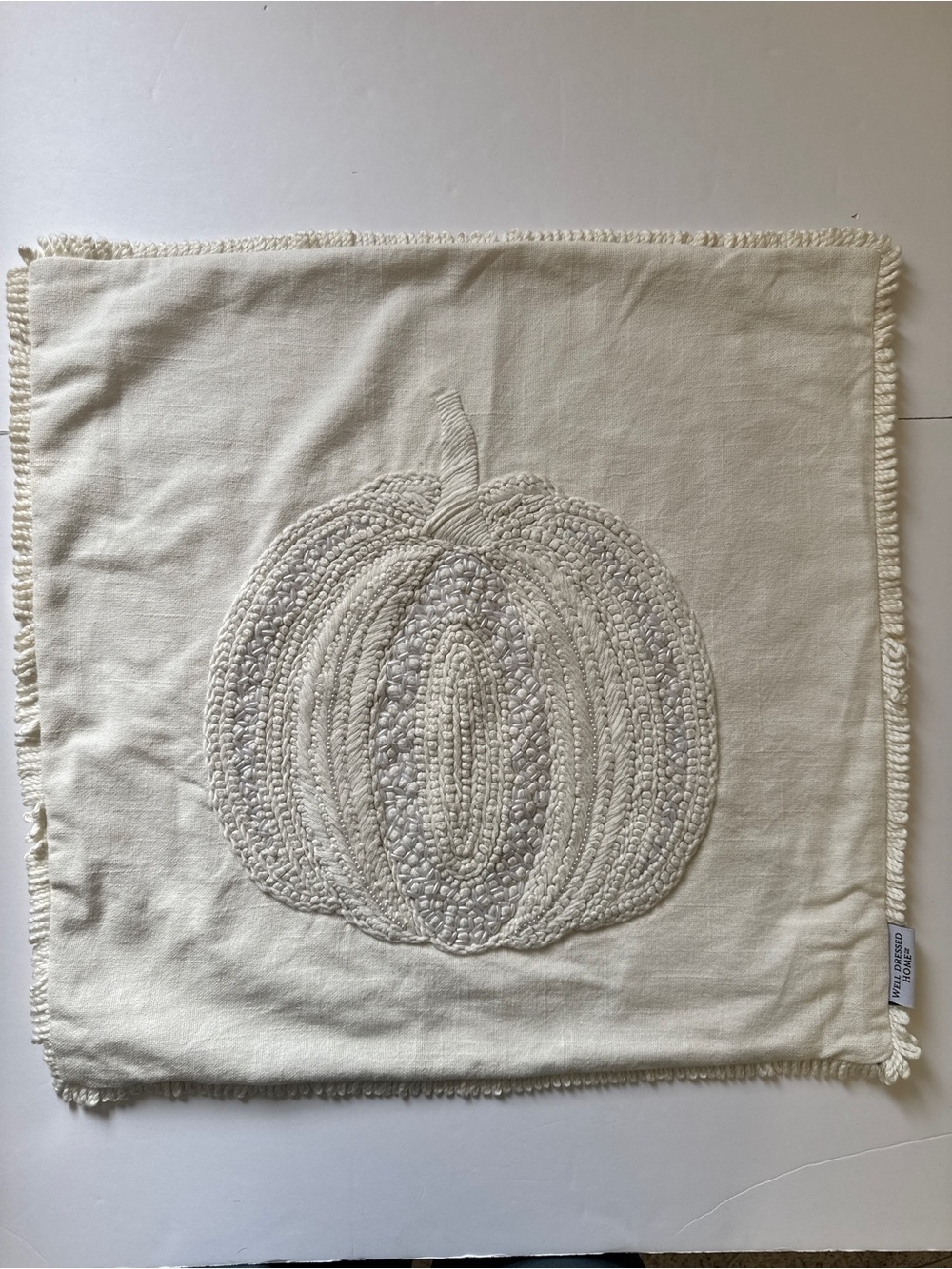 Well Dressed Home Square Pillow Case Halloween Pumpkin Ecru Cotton 20x20